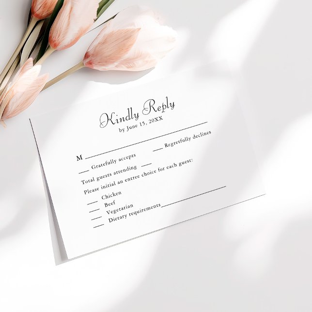 Élégante carte RSVP minimaliste noir et blanc (Elegant Minimalist Black and White RSVP Card on a sunny table with pale pink flowers.)