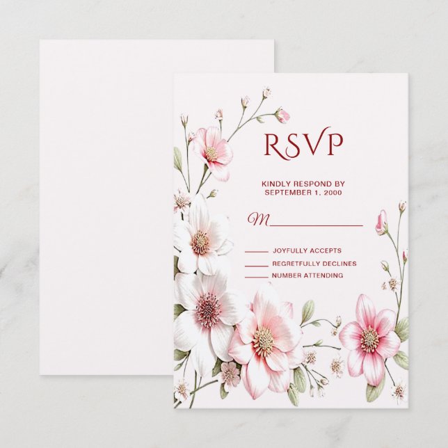 Elégante carte RSVP rose blanc floral (Devant / Derrière)