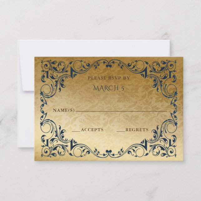 Elégante carte Vintage Blue Gold RSVP (Devant)