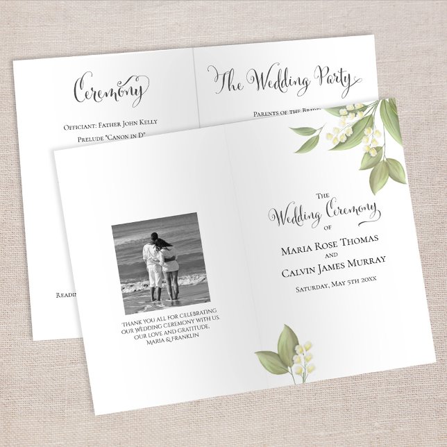 Elégante cérémonie de mariage Sage Green Foliage (Elegant lily of the valley floral wedding ceremony program with botanical greenery and classic typog)