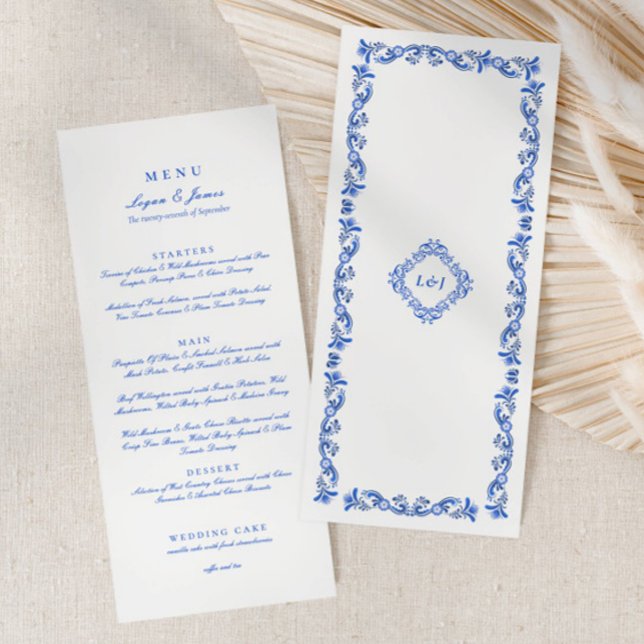 Élégante chinoiserie Bleue Menu Mariage Script (Créateur téléchargé)
