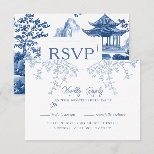Elégante Chinoiserie Blue Pagoda Wedding RSVP (Devant / Derrière)