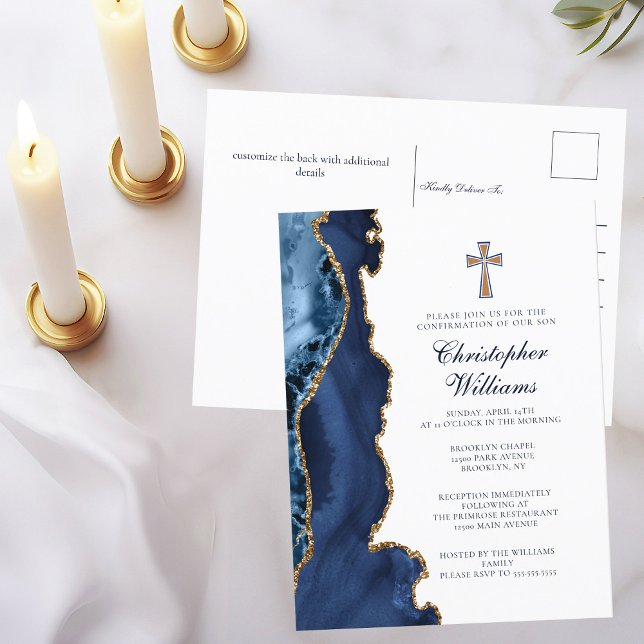 Élégante confirmation Marine Blue Gold Invitation (Créateur téléchargé)