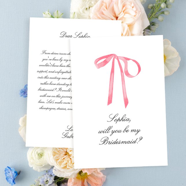 Elégante Coquette Pink Ribbon Bow Bridesmaid Card (Elegant Pink Ribbon Bridesmaid card)