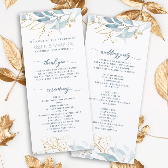 Elégante couleur bleu azur Mariage or floral (Elegant dusty blue greenery with gold accent makes this the perfect program for your boho wedding)