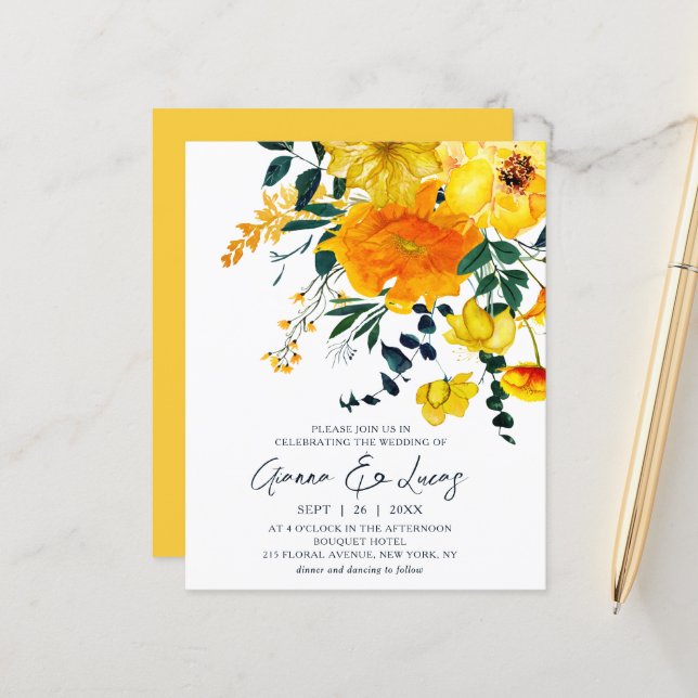 Elégante couleur jaune budget Mariage floral (Devant/Arrière en situation)