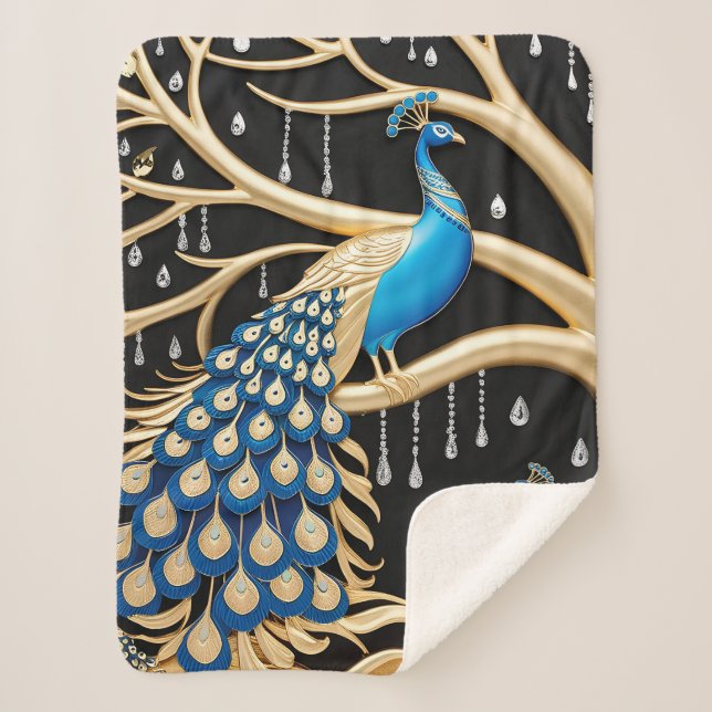 Élégante couverture Sherpa Peacock avec or et bleu (Devant)