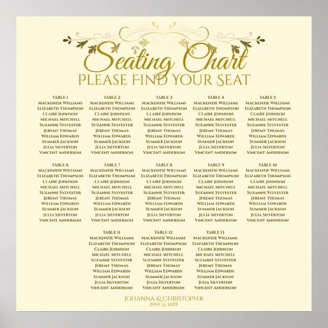 Elégante Crème Or 13 Table Mariage Tableau de sièg (Devant)