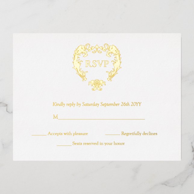 Elégante Crest Monogram Mariage Gold RSVP Cartes (Recto)