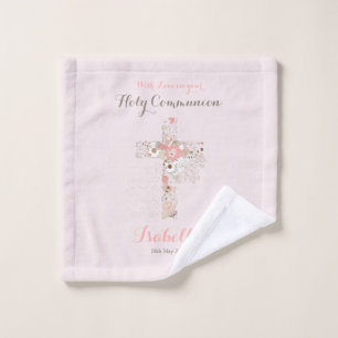 Élégante croix florale de communion rose-rousse