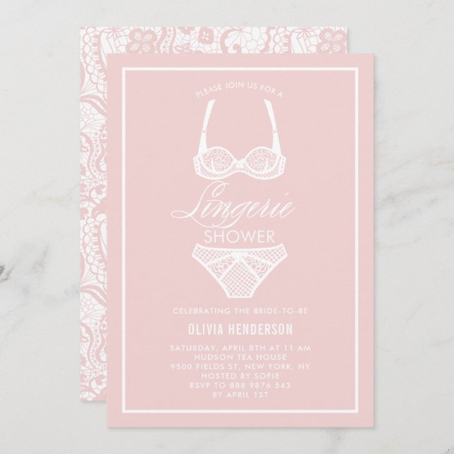 Elégante dentelle rose Lingerie Douche Invitation (Devant / Derrière)