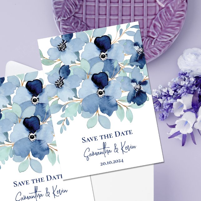 Elégante Dusty Blue Floral Enregistrer la carte Da (Pretty Stale Blue Floral Wedding Save The Date Invitation)