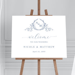 Élégante Dusty Blue Monogram Mariage Affiche de bi