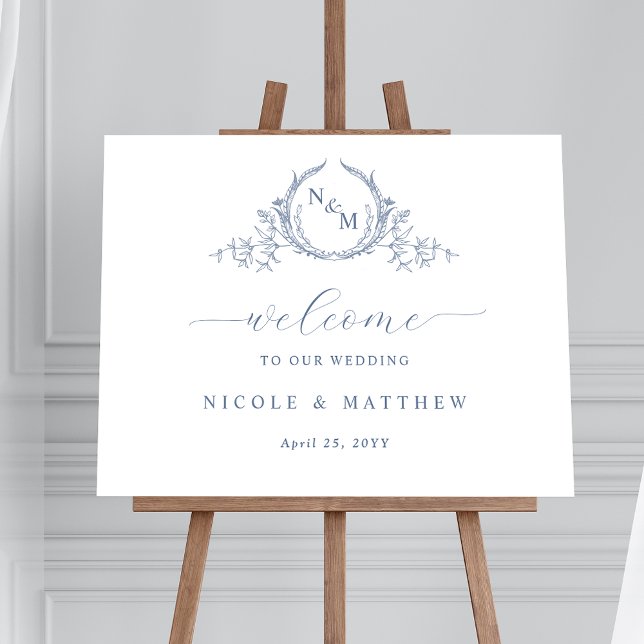Élégante Dusty Blue Monogram Mariage Affiche de bi (Créateur téléchargé)