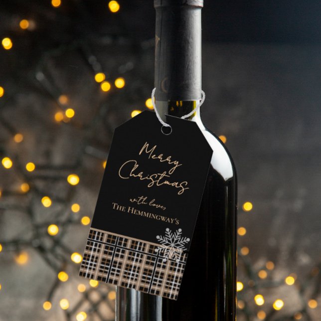 Élégante étiquette cadeau Noir & Tan Plaid (Créateur téléchargé)