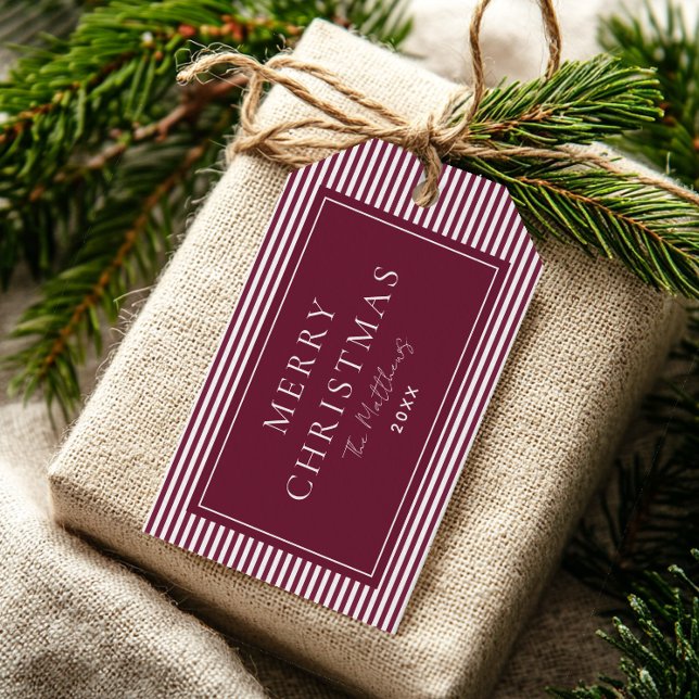 Élégante étiquette cadeau rayée Bordeaux Bourgogne (Créateur téléchargé)