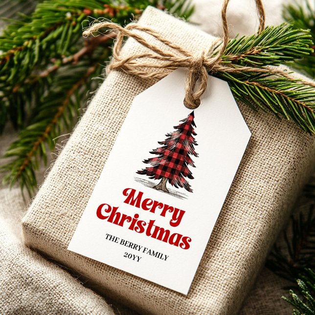 Élégante étiquette de cadeau d'arbre de buffle per (Modern Buffalo Plaid Christmas Tree Gift Tag)