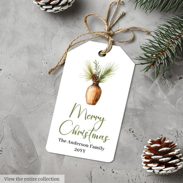 Élégante Étiquette de Couronne de Pin Rustique Boh (Elegant Bohemian Rustic Pine Wreath Gift Tag)