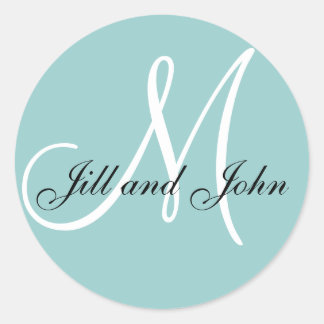 Élégante étiquette de mariage bleu monogramme