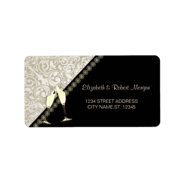 Élégante Étiquette de Mariage Noir, Damassé (Devant)