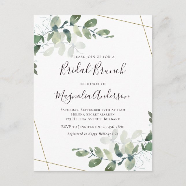 Élégante Eucalyptus Bridal Brunch Invitation Postc (Devant)