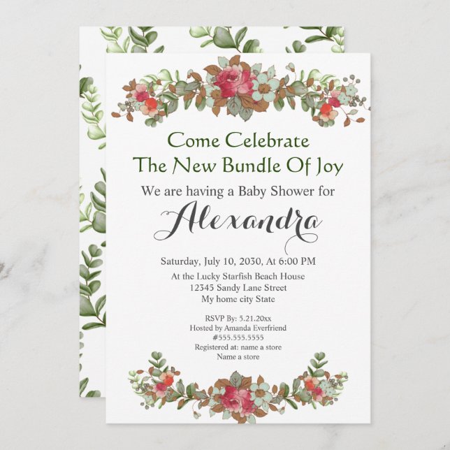 Elégante Eucalyptus Floral Baby shower invitation (Devant / Derrière)
