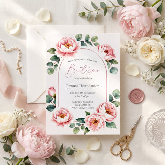 Élégante Faire-Part de Baptême Rose Pâle Pivoine