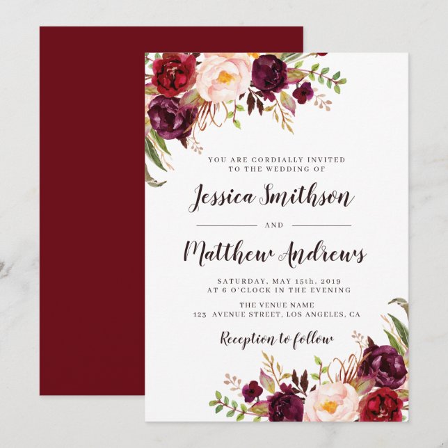 Elégante faire-part de mariage bordeaux (Devant / Derrière)