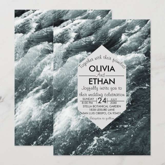 Elégante Faire-part de mariage de vagues bleu océa (Devant / Derrière)