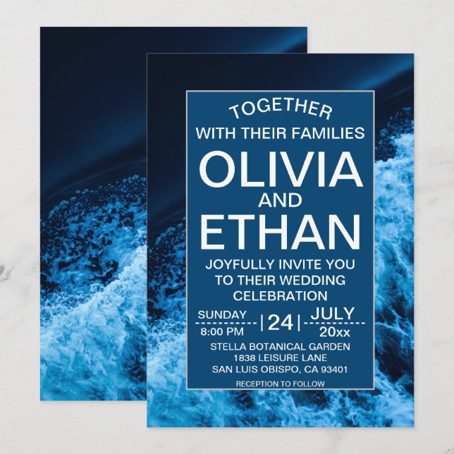 Elégante Faire-part de mariage de vagues bleu océa (Devant / Derrière)