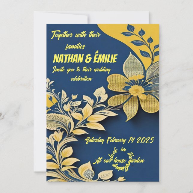 Elégante faire-part de mariage jaune et bleue (Devant)