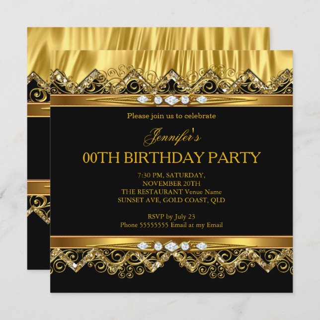 Elégante Faux Gold Silk Black Diamond Invitation (Devant / Derrière)