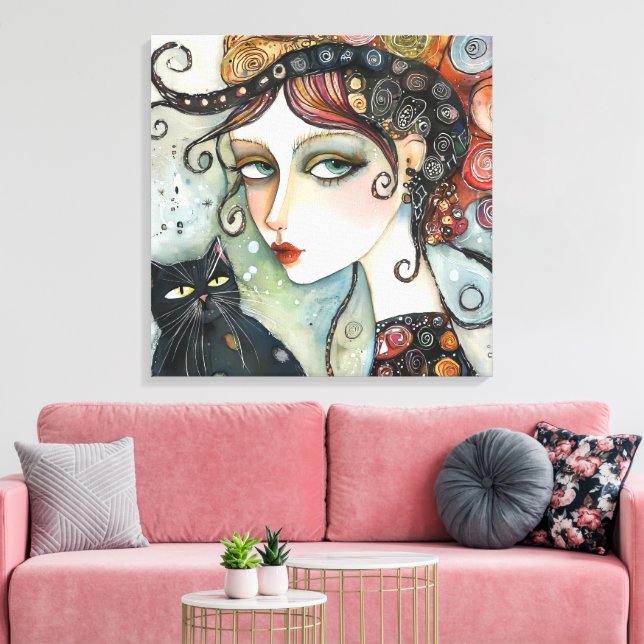 Élégante Femme et chat toile étirée Impression (Insitu(Salon))