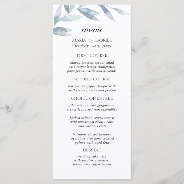 Elégante feuille d'aquarelle Mariage Carte menu (Devant)