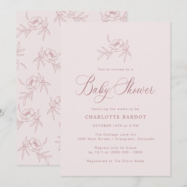 Elégante fille bébé rose Douche Invitation (Devant / Derrière)