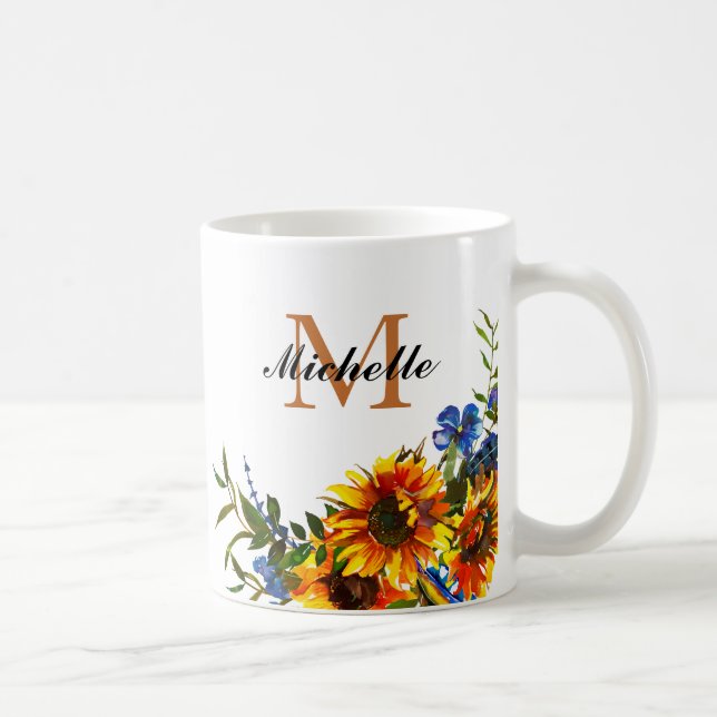Élégante fille Sunflower Jaune Nom Monogramme Mug (Droite)