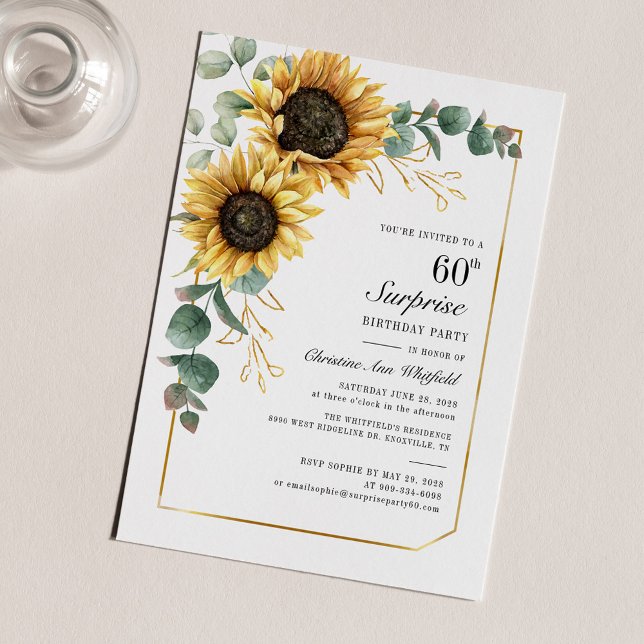 Elégante Fleur de tournesol 60e fête d'anniversair (Sunflower Eucalyptus 60th Birthday Party Invitation)