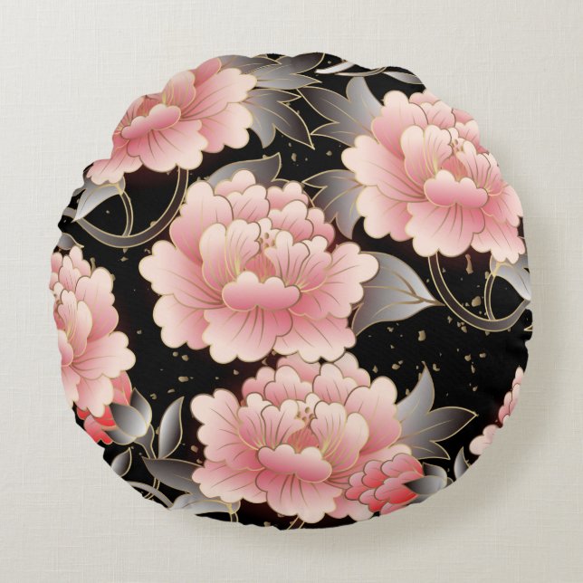 Élégante Fleurs chinoises noires et roses Coussin  (Devant)