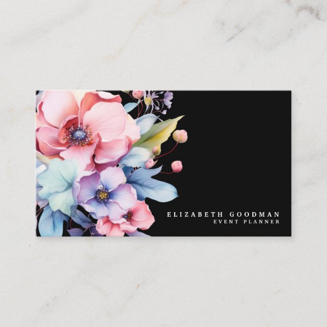 Elégante Fleurs Douces Cartes de visite noirs (Devant)