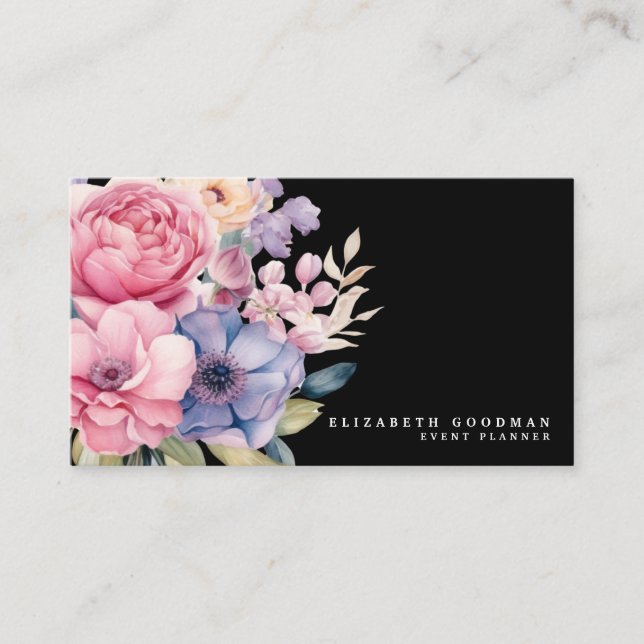Elégante Fleurs Douces Cartes de visite noirs (Devant)