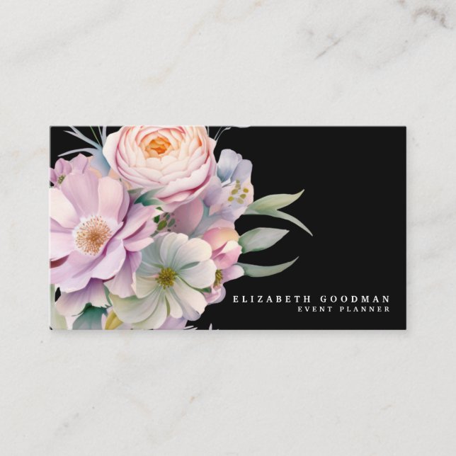 Elégante Fleurs Douces Cartes de visite noirs (Devant)