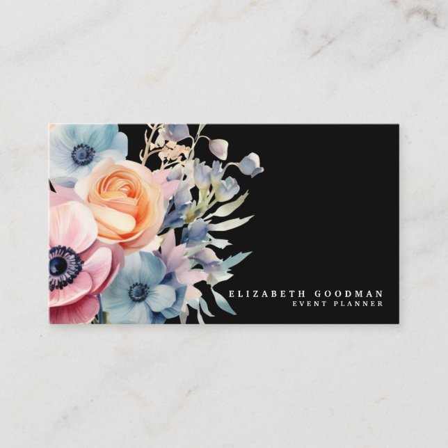 Elégante Fleurs Douces Cartes de visite noirs (Devant)