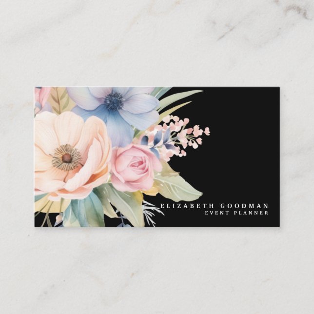 Elégante Fleurs Douces Cartes de visite noirs (Devant)