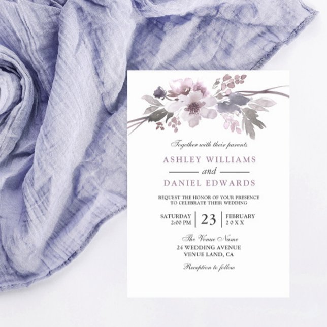 Elégante Fleurs violettes Blanc Mariage Invitation (Créateur téléchargé)