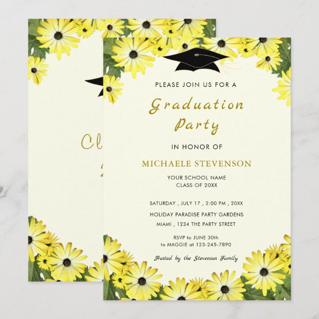 Elégante Floral Fresh Grad Party Invitation (Devant / Derrière)