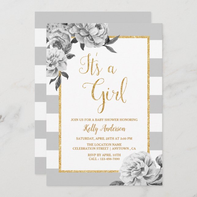 Elégante Floral Girl Baby shower Invitation (Devant / Derrière)