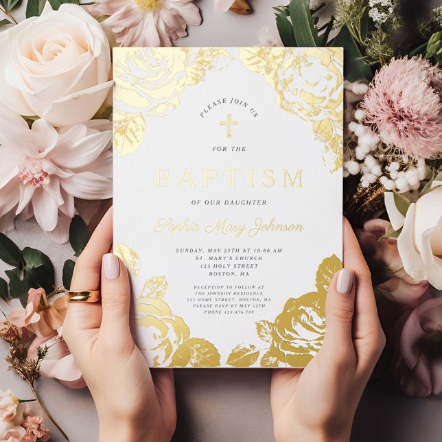 Élégante Floral Girl Baptism Gold Foil Invitation (Elegant Floral Girl Baptism Gold Foil Invitation)