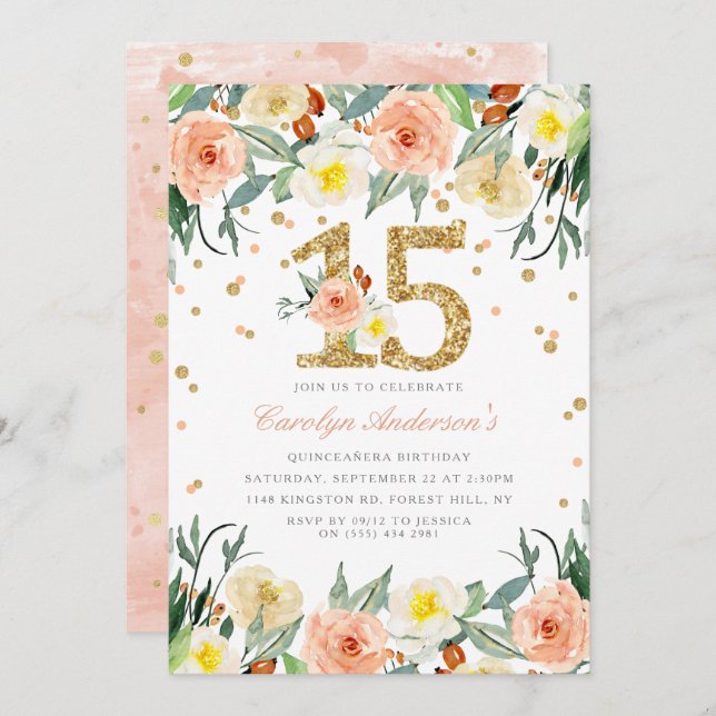 Elégante Floral Girls 15e anniversaire Invitations (Devant / Derrière)