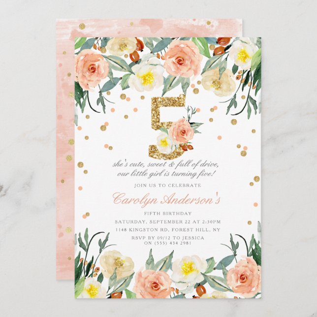 Elégante Floral Girls 5e Anniversaire Invitations (Devant / Derrière)