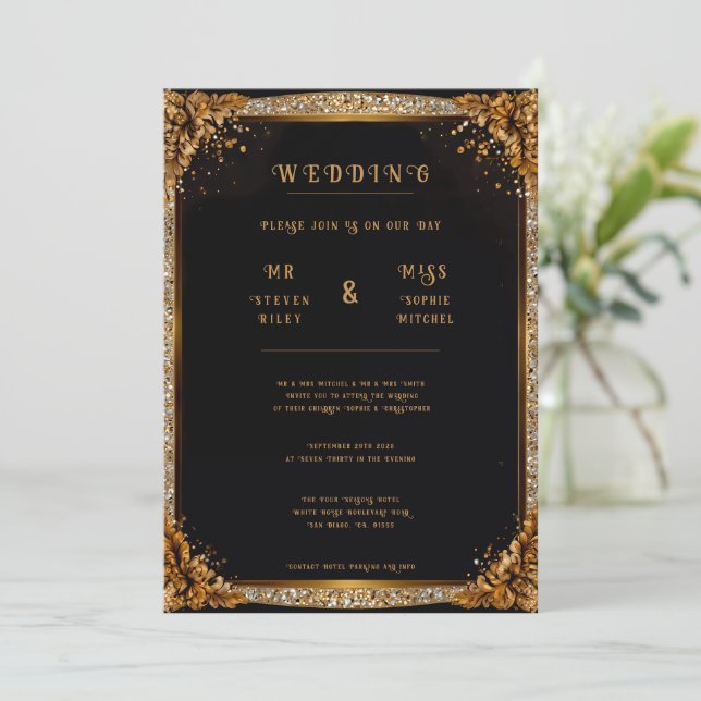 Elégante Floral Gold & Silver Wedding Invitations (Debout devant)